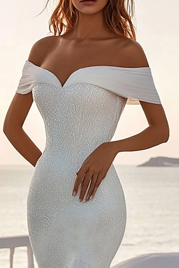 Off The Shoulder Mermaid Ivory Chiffon Wedding Dress With Sequins